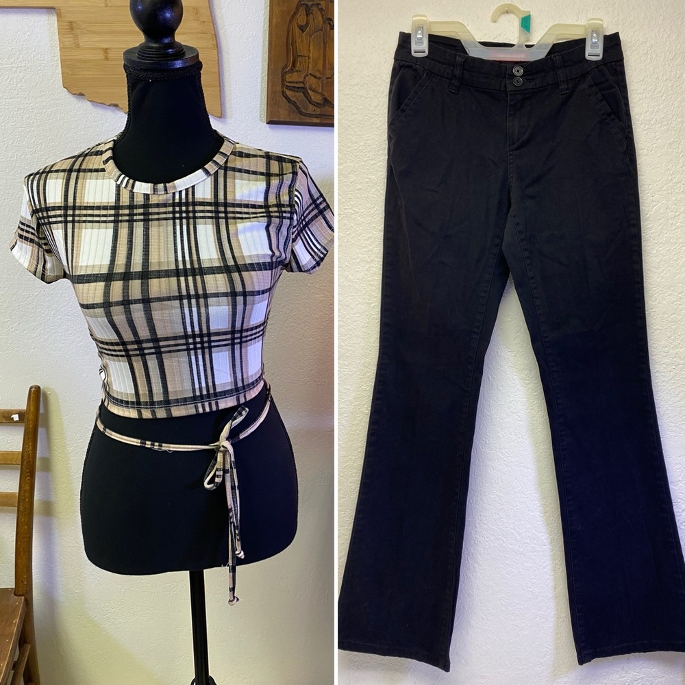 Y2K Rue 21 Wrap Plaid Crop Top & Unionbay Black Low Rise Trouser Combo SMALL
